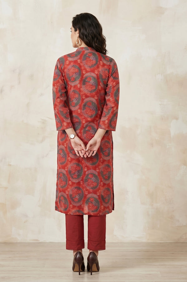 Red Floral Printed Modal Straight Kurta