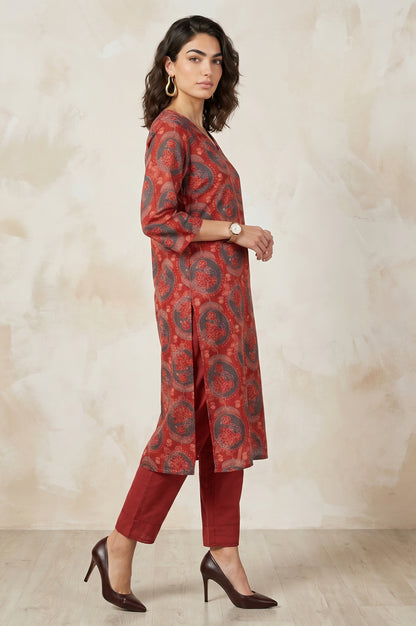 Red Floral Printed Modal Straight Kurta