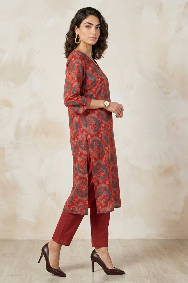 Red Floral Printed Modal Straight Kurta