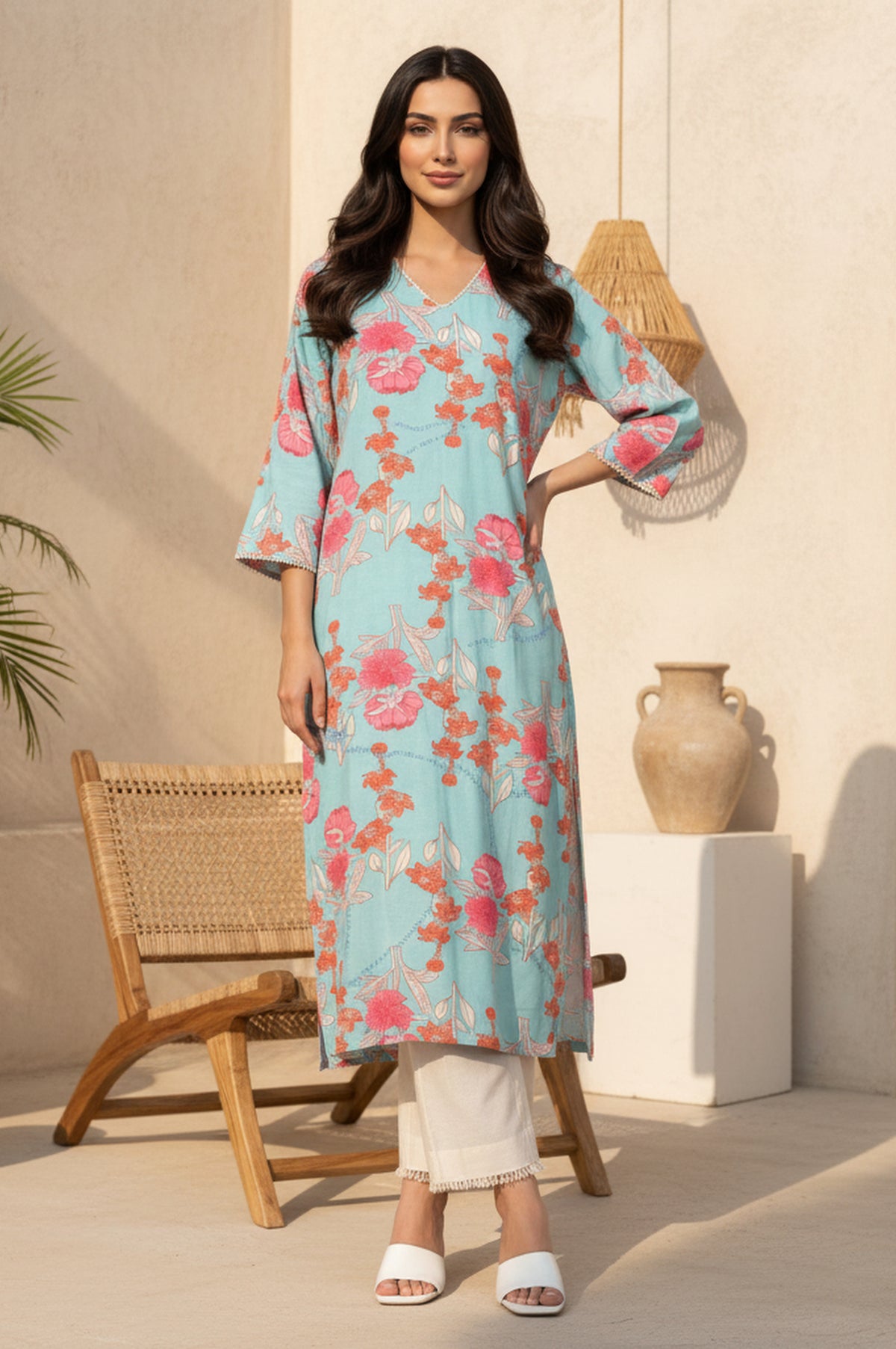 Turquoise Blue Floral Printed Lace Rayon Straight Kurta - XS