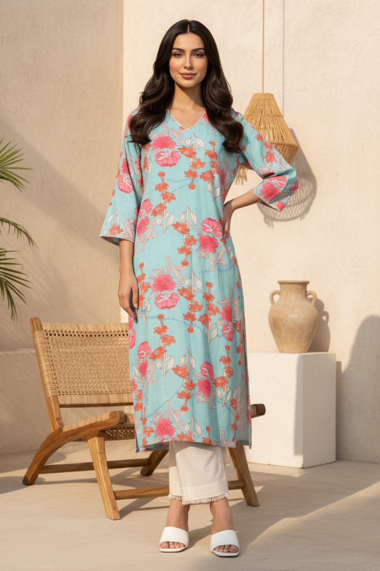 Turquoise Blue Floral Printed Lace Rayon Straight Kurta