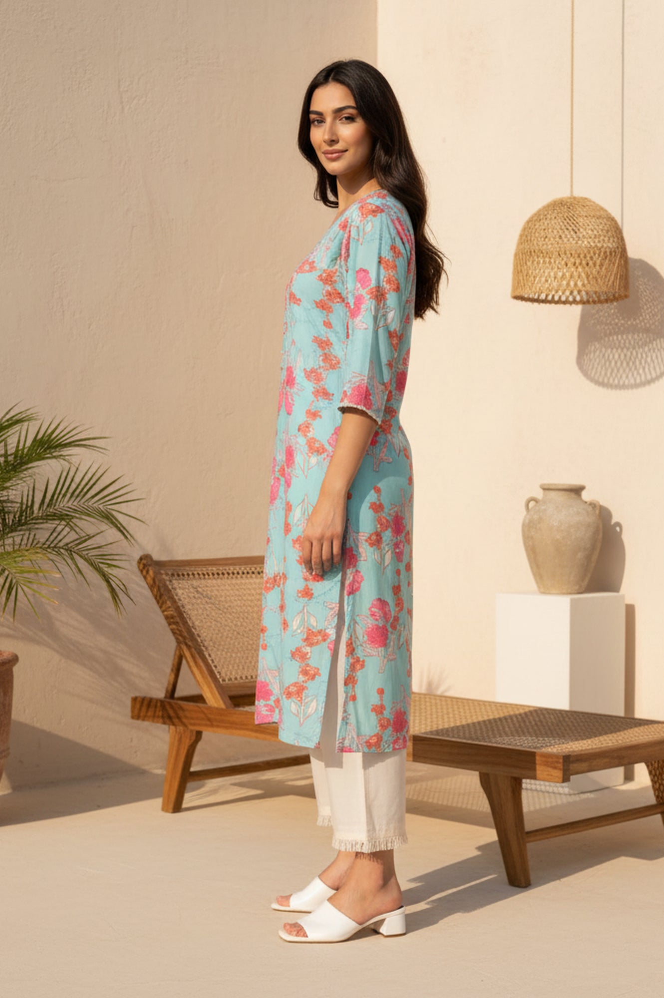 Turquoise Blue Floral Printed Lace Rayon Straight Kurta
