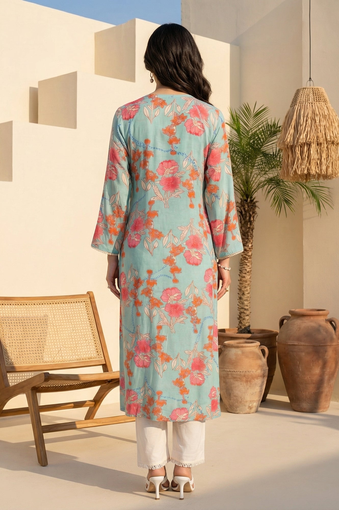 Turquoise Blue Floral Printed Lace Rayon Straight Kurta