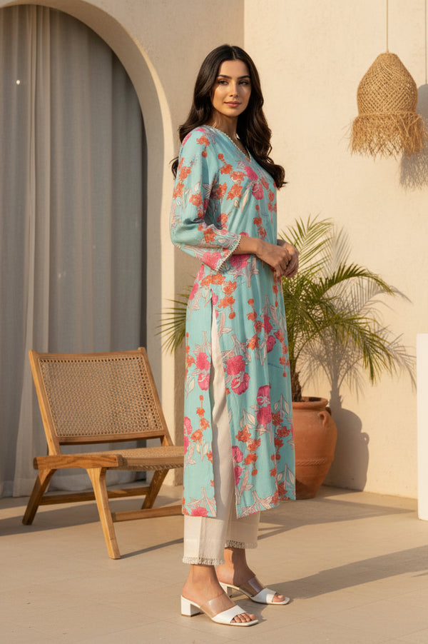 Turquoise Blue Floral Printed Lace Rayon Straight Kurta