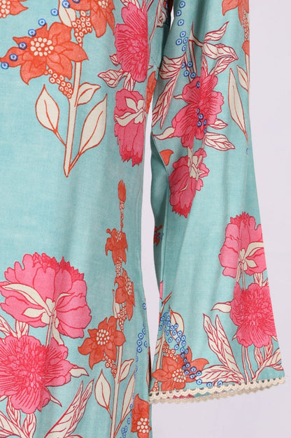Turquoise Blue Floral Printed Lace Rayon Straight Kurta