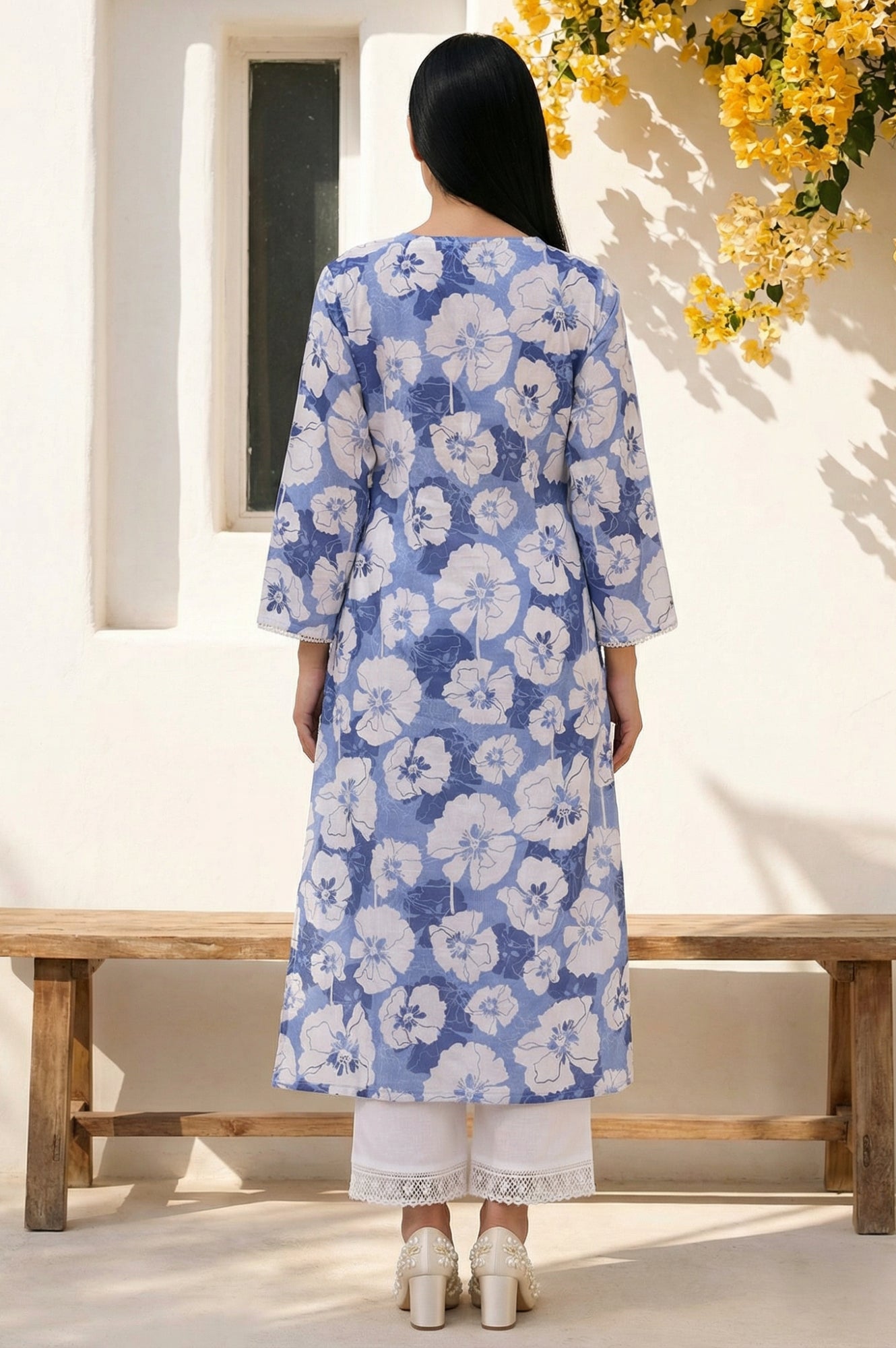 Blue Floral Printed Lace Trim Pure Cotton Straight Kurta