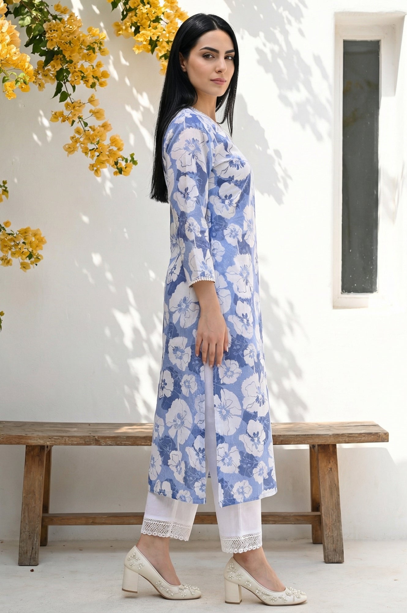 Blue Floral Printed Lace Trim Pure Cotton Straight Kurta