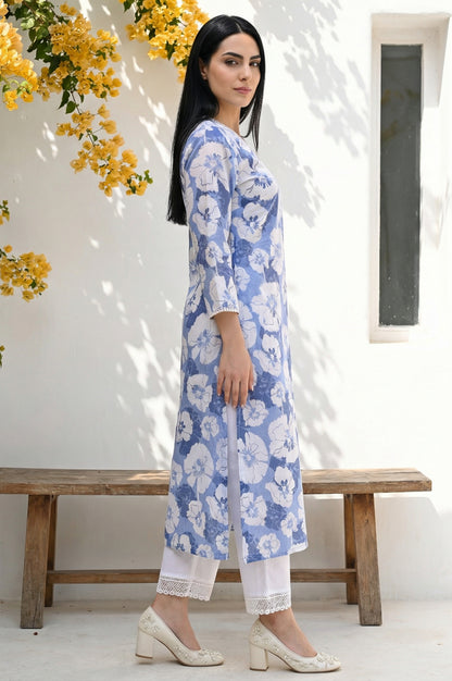 Blue Floral Printed Lace Trim Pure Cotton Straight Kurta