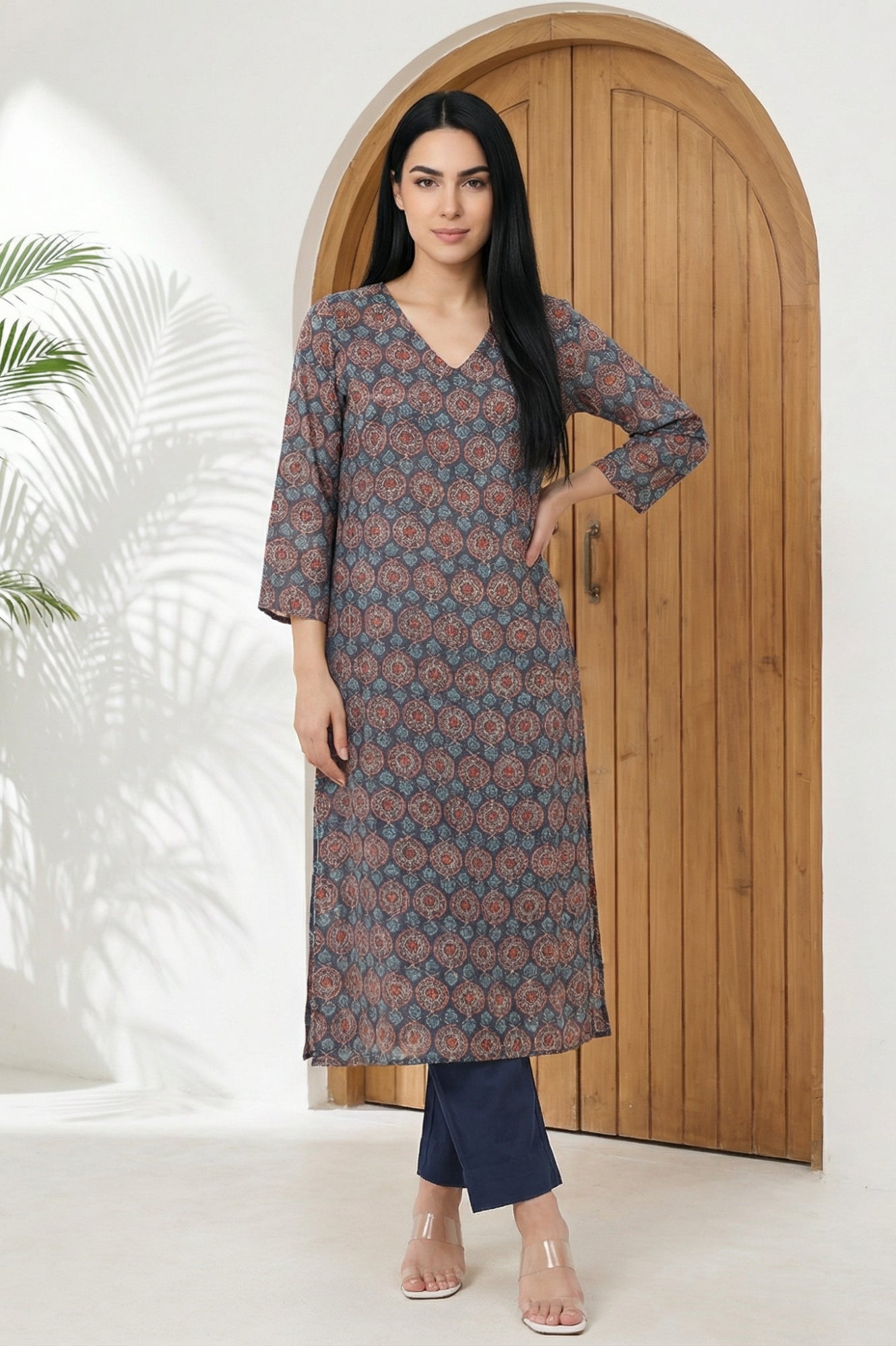Grey Ethnic Motifs Modal Straight Kurta