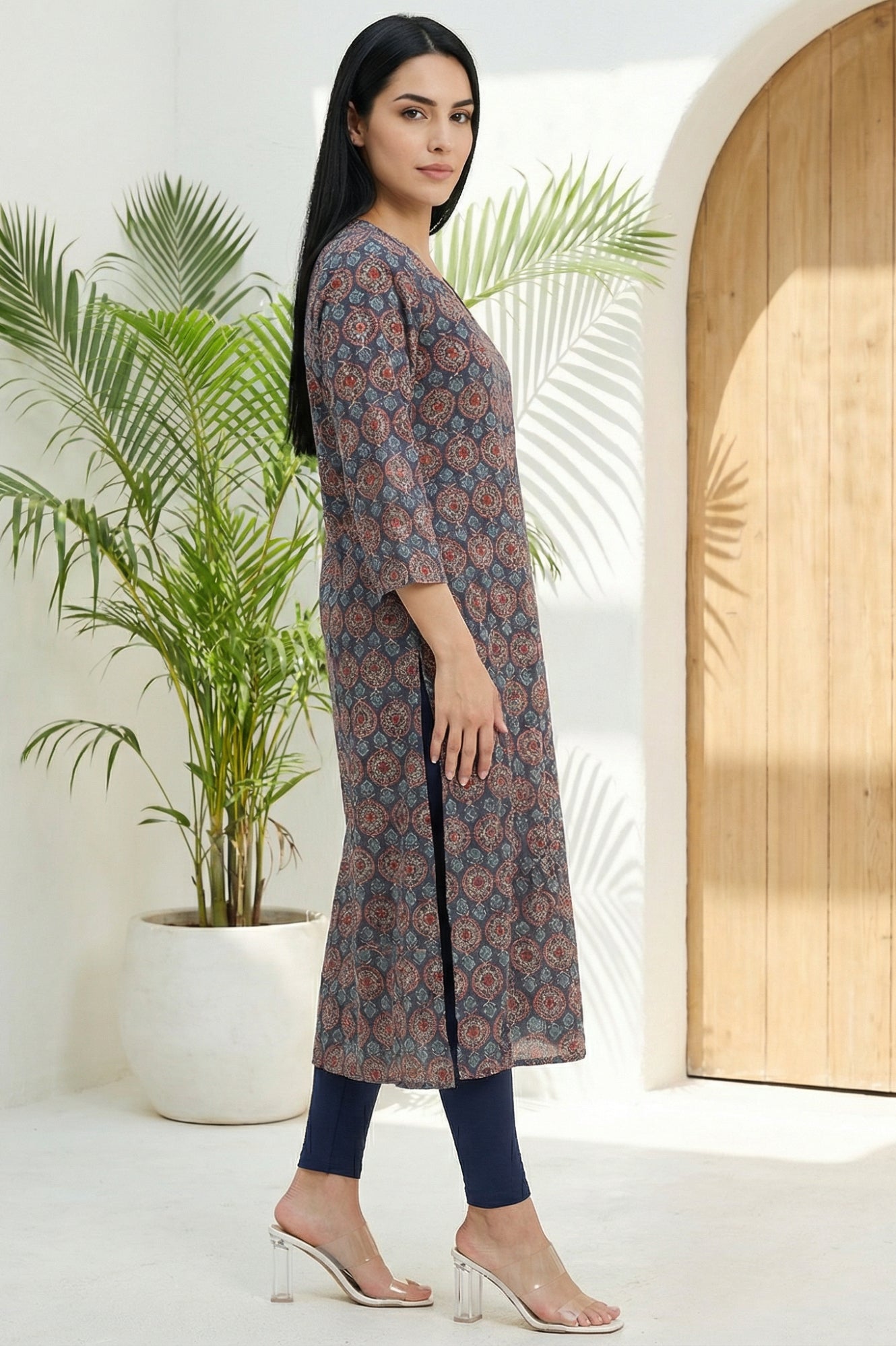 Grey Ethnic Motifs Modal Straight Kurta