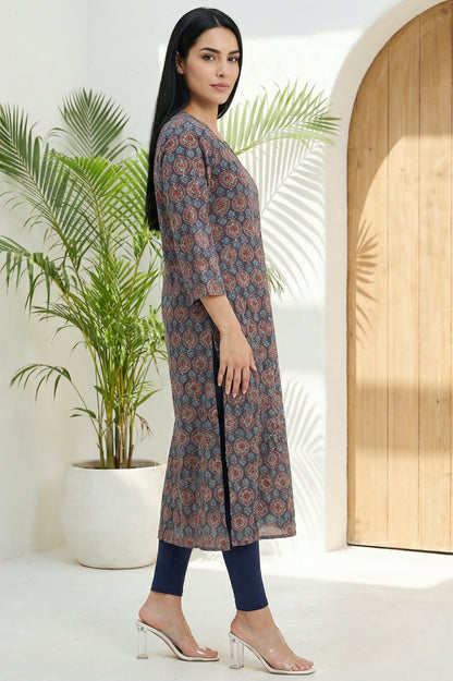 Grey Ethnic Motifs Modal Straight Kurta