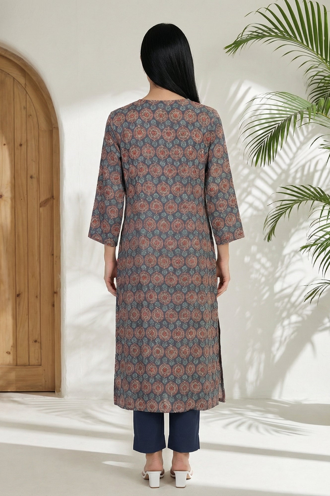 Grey Ethnic Motifs Modal Straight Kurta