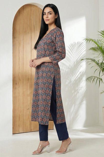 Grey Ethnic Motifs Modal Straight Kurta