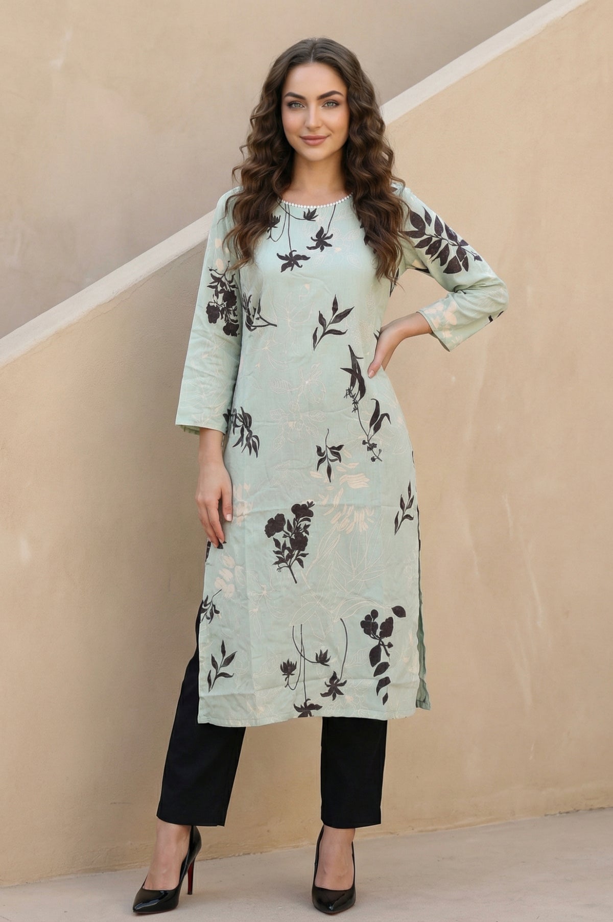 Sea Green Floral Printed Beadwork Straight Kurta - XL