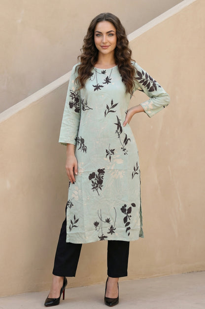Sea Green Floral Printed Beadwork Straight Kurta