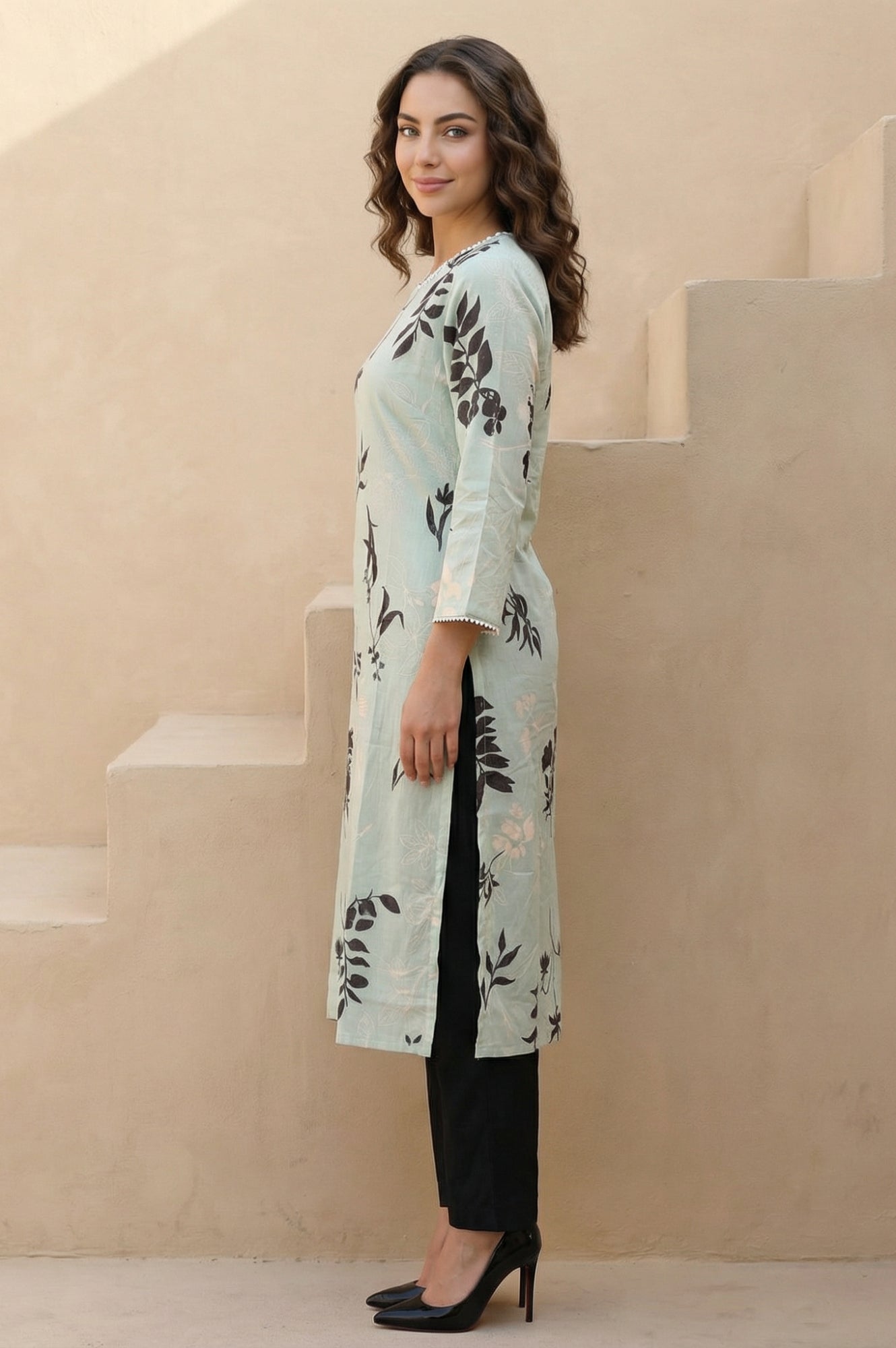 Sea Green Floral Printed Beadwork Straight Kurta