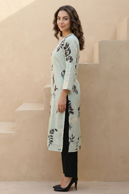 Sea Green Floral Printed Beadwork Straight Kurta