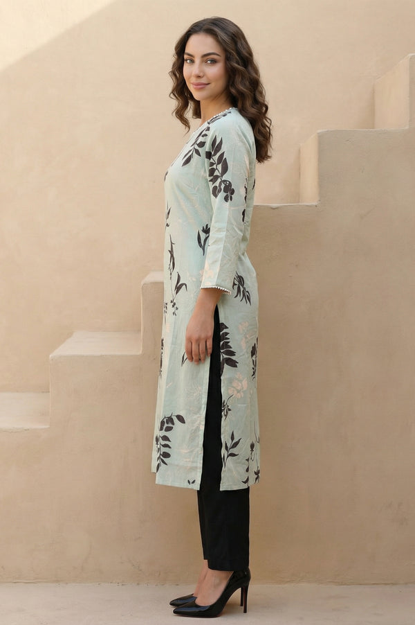 Sea Green Floral Printed Beadwork Straight Kurta
