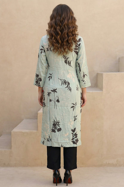 Sea Green Floral Printed Beadwork Straight Kurta