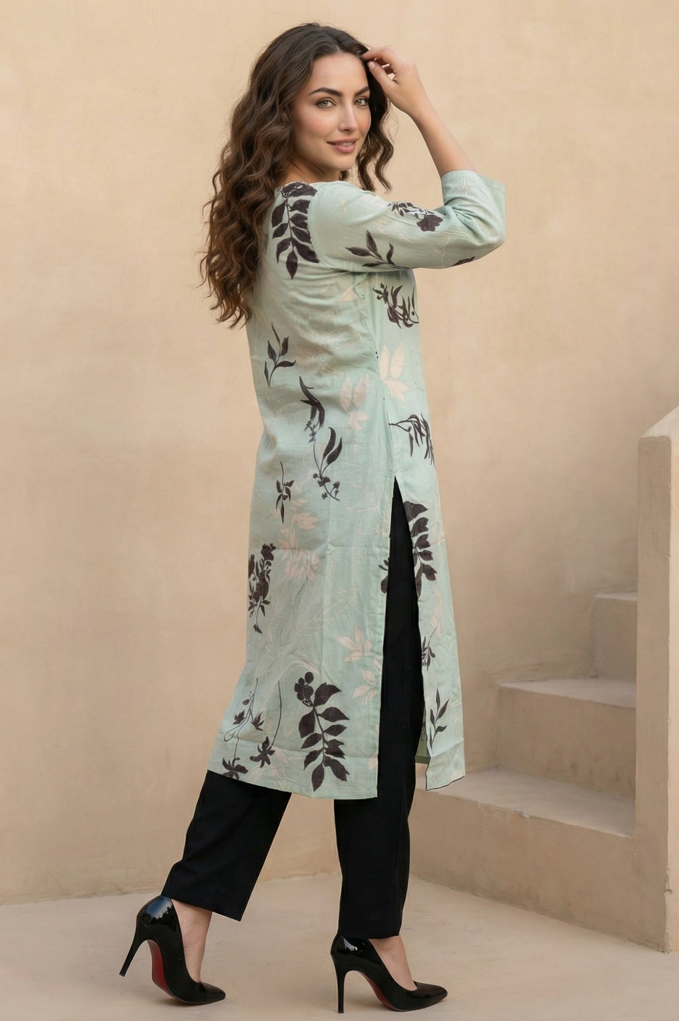 Sea Green Floral Printed Beadwork Straight Kurta