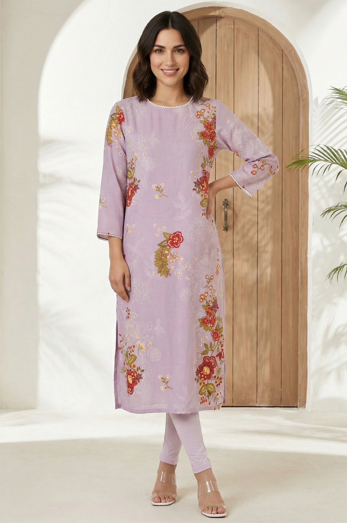 Lavender Floral Printed Lace Straight Kurta - XS