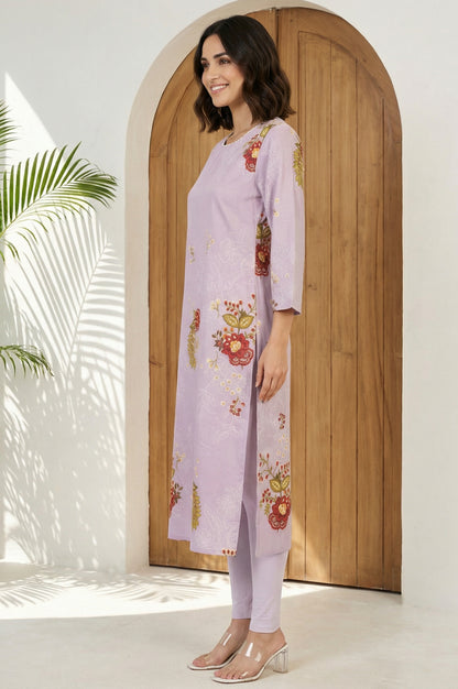 Lavender Floral Printed Lace Straight Kurta
