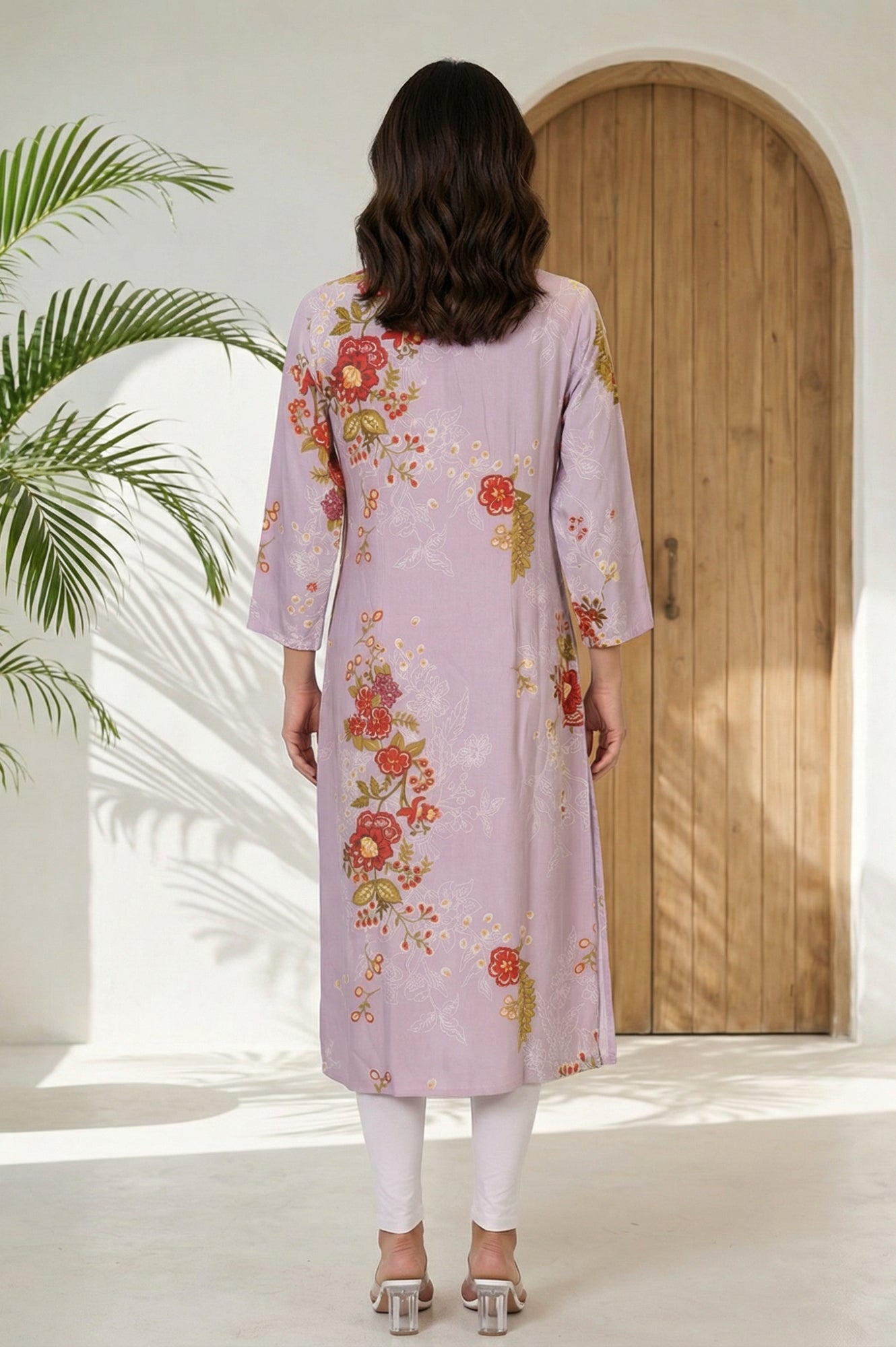 Lavender Floral Printed Lace Straight Kurta