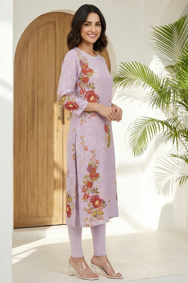 Lavender Floral Printed Lace Straight Kurta