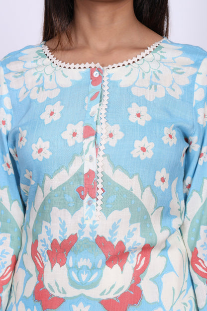 Blue Ikkat Lace Trim Straight Kurta