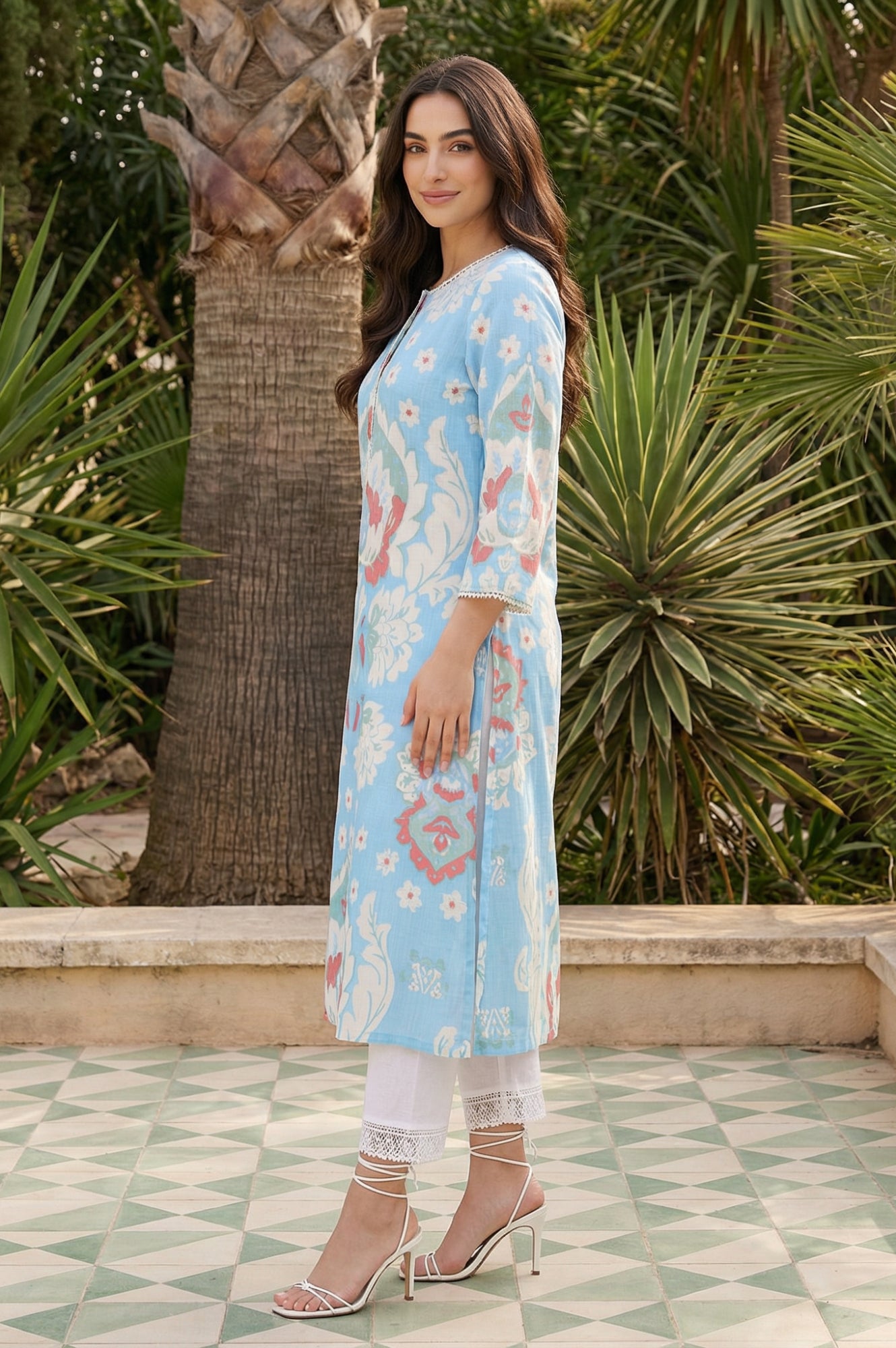 Blue Ikkat Lace Trim Straight Kurta