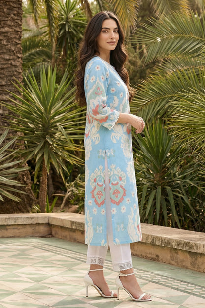 Blue Ikkat Lace Trim Straight Kurta