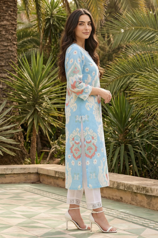 Blue Ikkat Lace Trim Straight Kurta