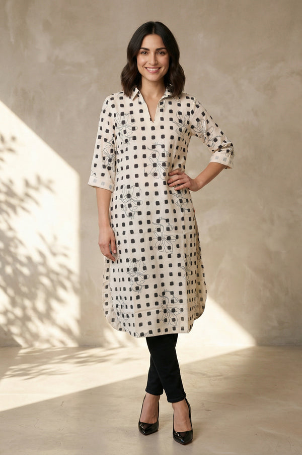 Off White Geometric Printed Pure Cotton Straight Kurta