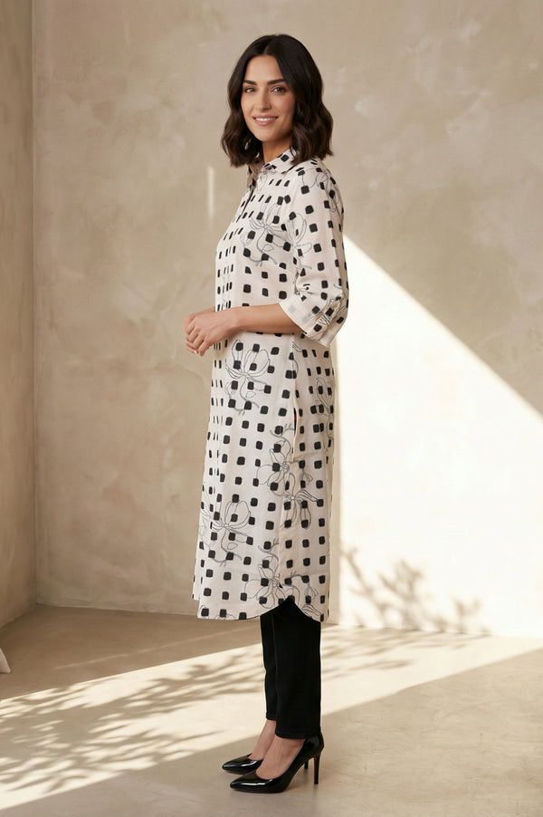 Off White Geometric Printed Pure Cotton Straight Kurta