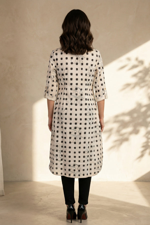 Off White Geometric Printed Pure Cotton Straight Kurta
