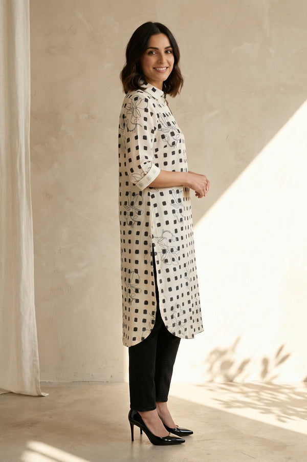Off White Geometric Printed Pure Cotton Straight Kurta