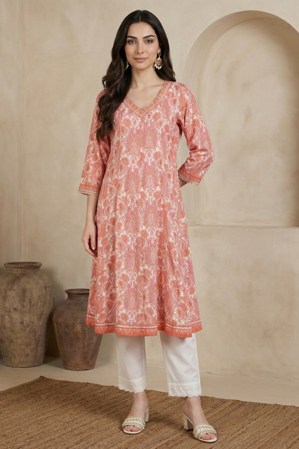 Peach Paisley Printed Sequins Modal Anarkali Kurta