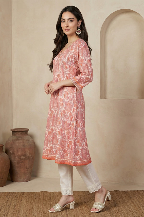 Peach Paisley Printed Sequins Modal Anarkali Kurta