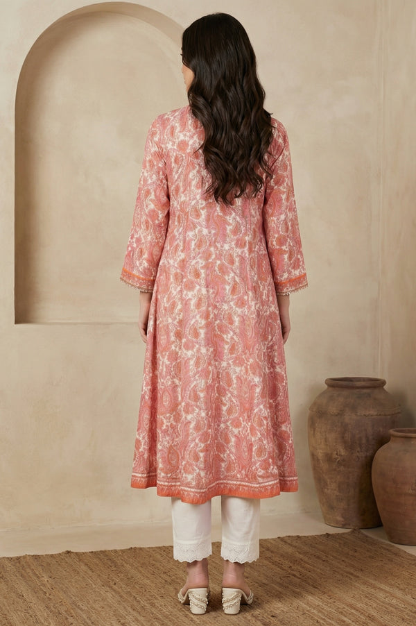 Peach Paisley Printed Sequins Modal Anarkali Kurta