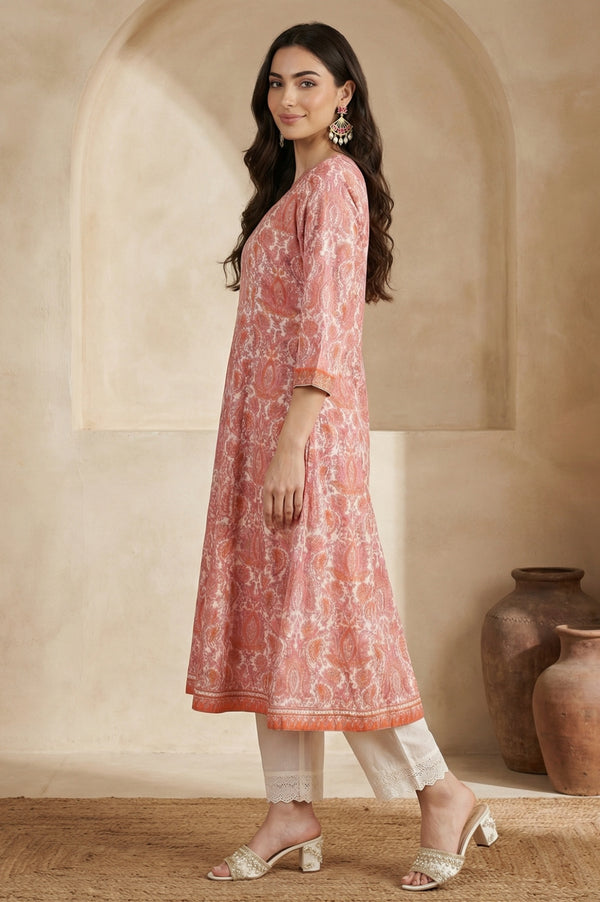 Peach Paisley Printed Sequins Modal Anarkali Kurta