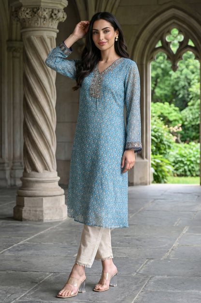 Blue Paisley Printed Sequin Chiffon Straight Kurta