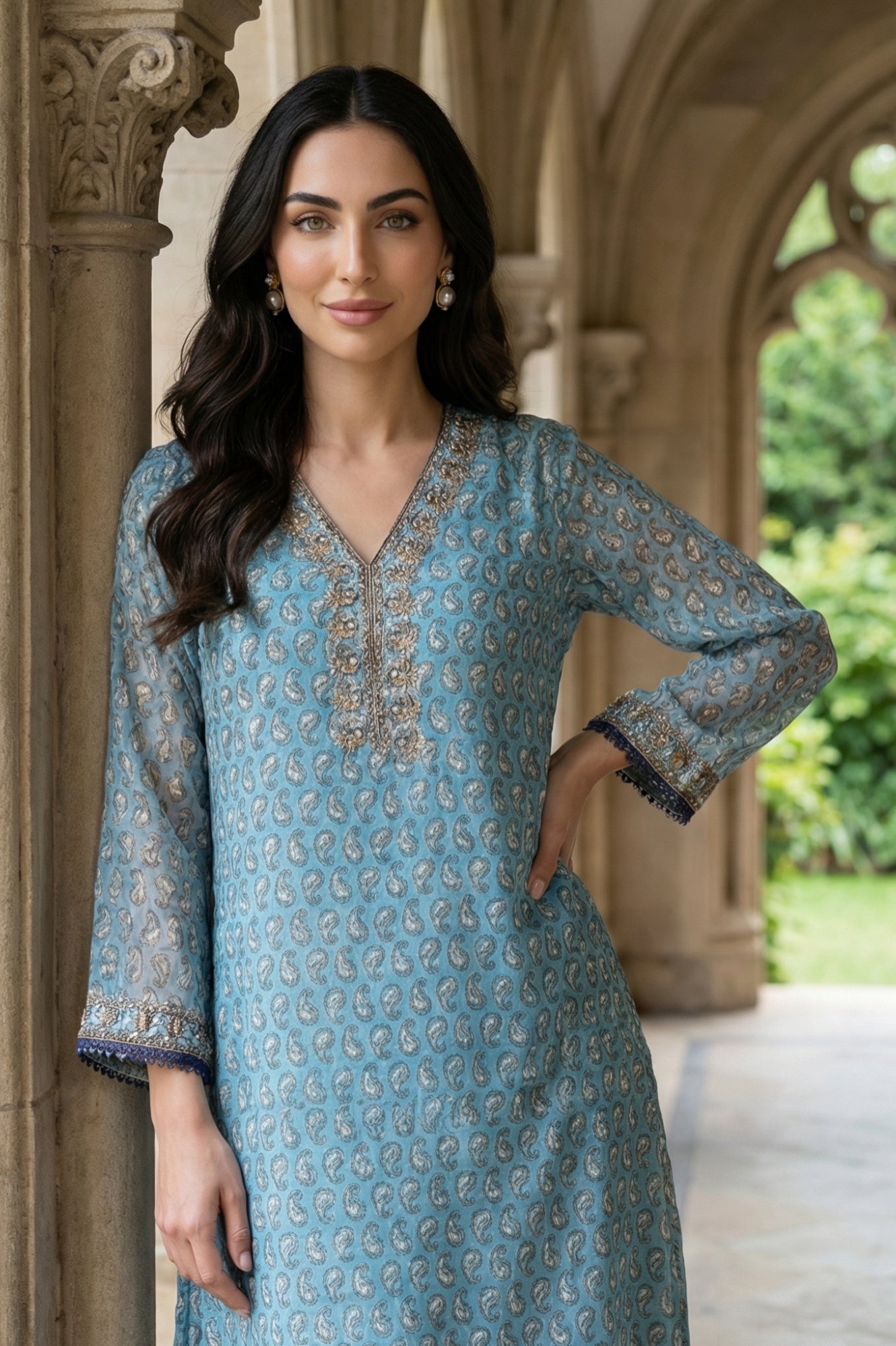 Blue Paisley Printed Sequin Chiffon Straight Kurta