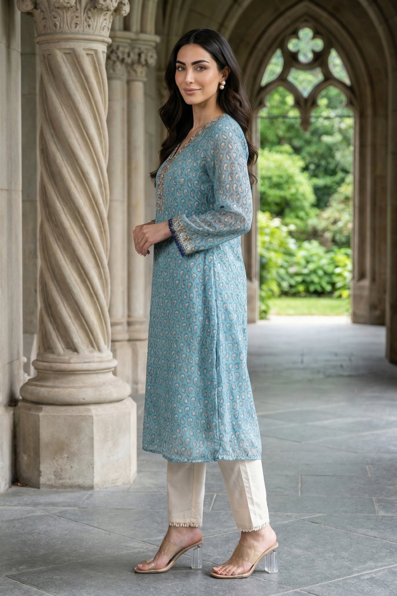 Blue Paisley Printed Sequin Chiffon Straight Kurta
