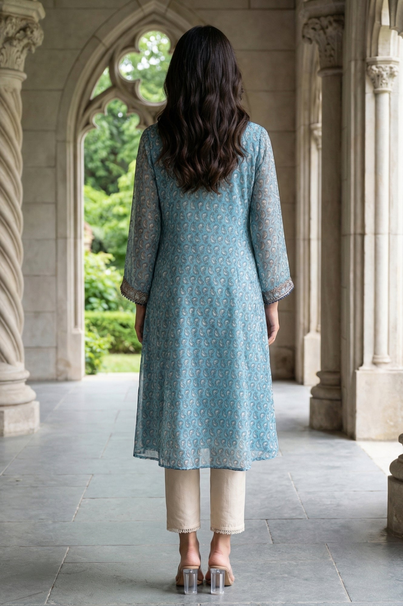 Blue Paisley Printed Sequin Chiffon Straight Kurta