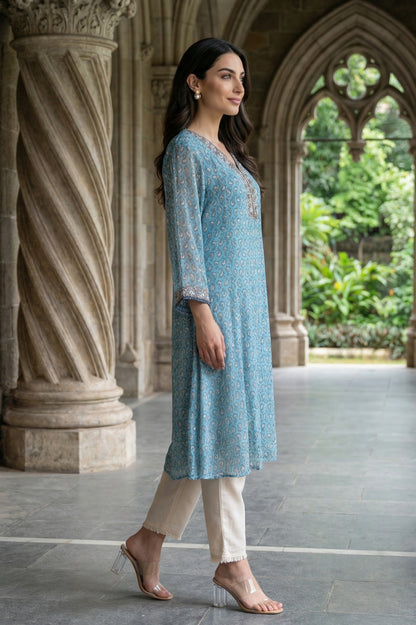Blue Paisley Printed Sequin Chiffon Straight Kurta