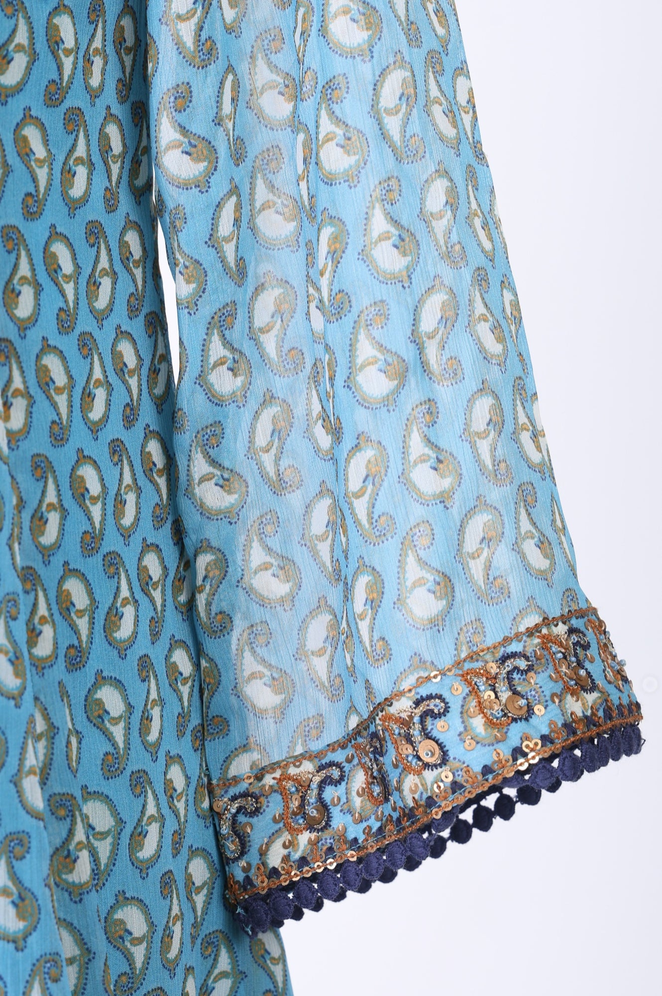 Blue Paisley Printed Sequin Chiffon Straight Kurta