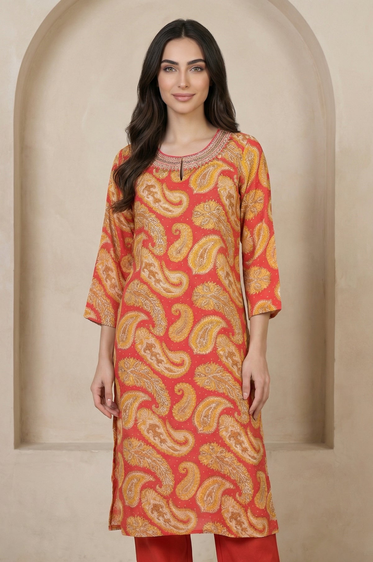 Rust Red Paisley Thread Embroidered Modal Straight Kurta - XS
