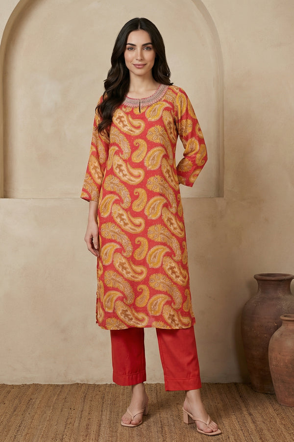 Rust Red Paisley Thread Embroidered Modal Straight Kurta