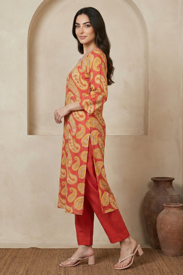 Rust Red Paisley Thread Embroidered Modal Straight Kurta
