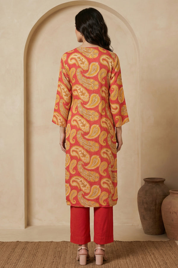 Rust Red Paisley Thread Embroidered Modal Straight Kurta